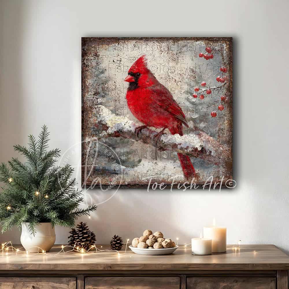 Color up your winter decor with our Vintage Cardinal Bird Wall Art, a stunning rustic cottage painting that captures the beauty of nature. Ideal for cozy cottages or modern farmhouse spaces, this artwork brings a festive spirit to any room during the winter months. Toe Fish Art creates quality, artisan-made wall décor with American sourced materials. Proudly Made in the USA, each sign is expertly constructed with genuine craftsmanship, heritage quality, and rustic charm.