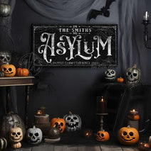Asylum Outdoor Metal or Canvas Personalize-able Halloween Decor with wording options handmade and built to last a lifetime by ToeFishArt. Original, custom, personalized wall decor signs. Canvas, Wood or Metal. Rustic modern farmhouse, cottagecore, vintage, retro, industrial, Americana, primitive, country, coastal, minimalist.