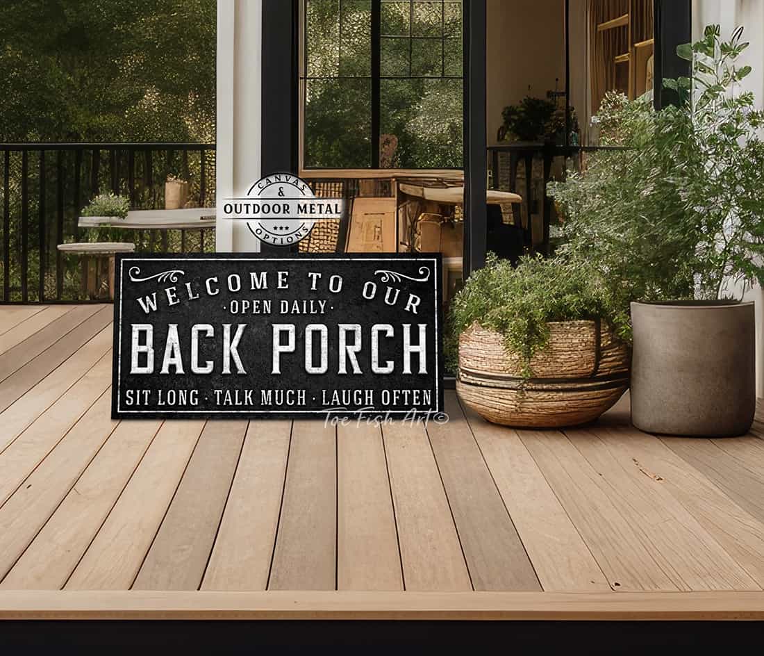 Back Porch Personalized Family Name Sign handmade by ToeFishArt. Original, custom, personalized wall decor signs. Canvas, Wood or Metal. Rustic modern farmhouse, cottagecore, vintage, retro, industrial, Americana, primitive, country, coastal, minimalist.