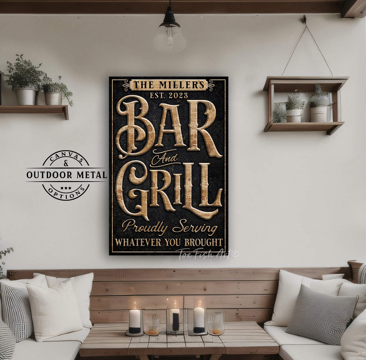 Bar & Grill Personalized Name Date Sign Canvas or Outdoor Metal options handmade by ToeFishArt. Original, custom, personalized wall decor signs. Canvas, Wood or Metal. Rustic modern farmhouse, cottagecore, vintage, retro, industrial, Americana, primitive, country, coastal, minimalist.