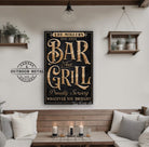 Bar & Grill Personalized Name Date Sign Canvas or Outdoor Metal options handmade by ToeFishArt. Original, custom, personalized wall decor signs. Canvas, Wood or Metal. Rustic modern farmhouse, cottagecore, vintage, retro, industrial, Americana, primitive, country, coastal, minimalist.