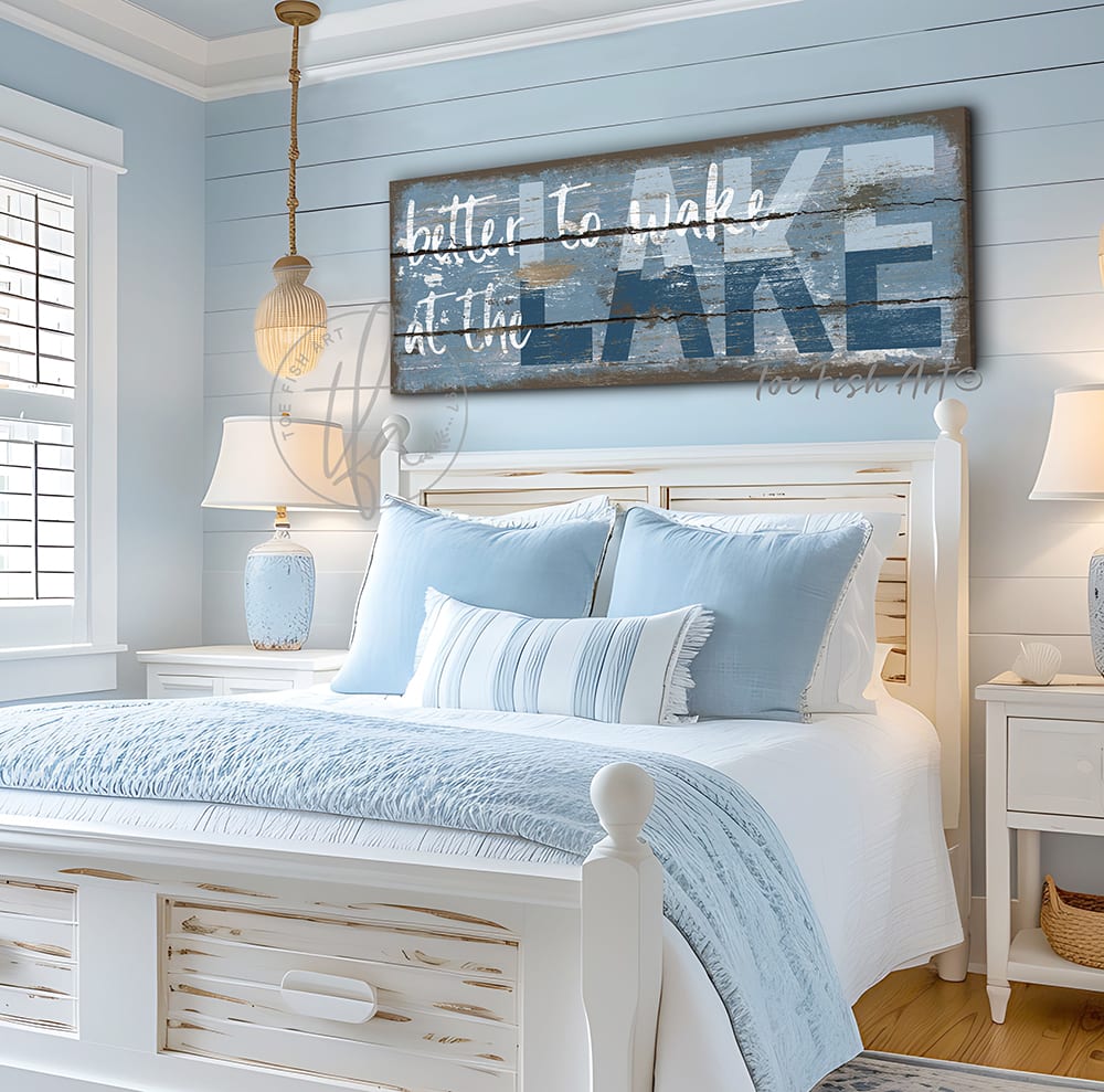 ToeFishArt Better to Wake at the Lake rustic coastal farmhouse sign, in beautiful vintage blues, handmade by ToeFishArt. Original, custom, personalized wall decor signs. Canvas, Wood or Metal. Rustic modern farmhouse, cottagecore, vintage, retro, industrial, Americana, primitive, country, coastal, minimalist.