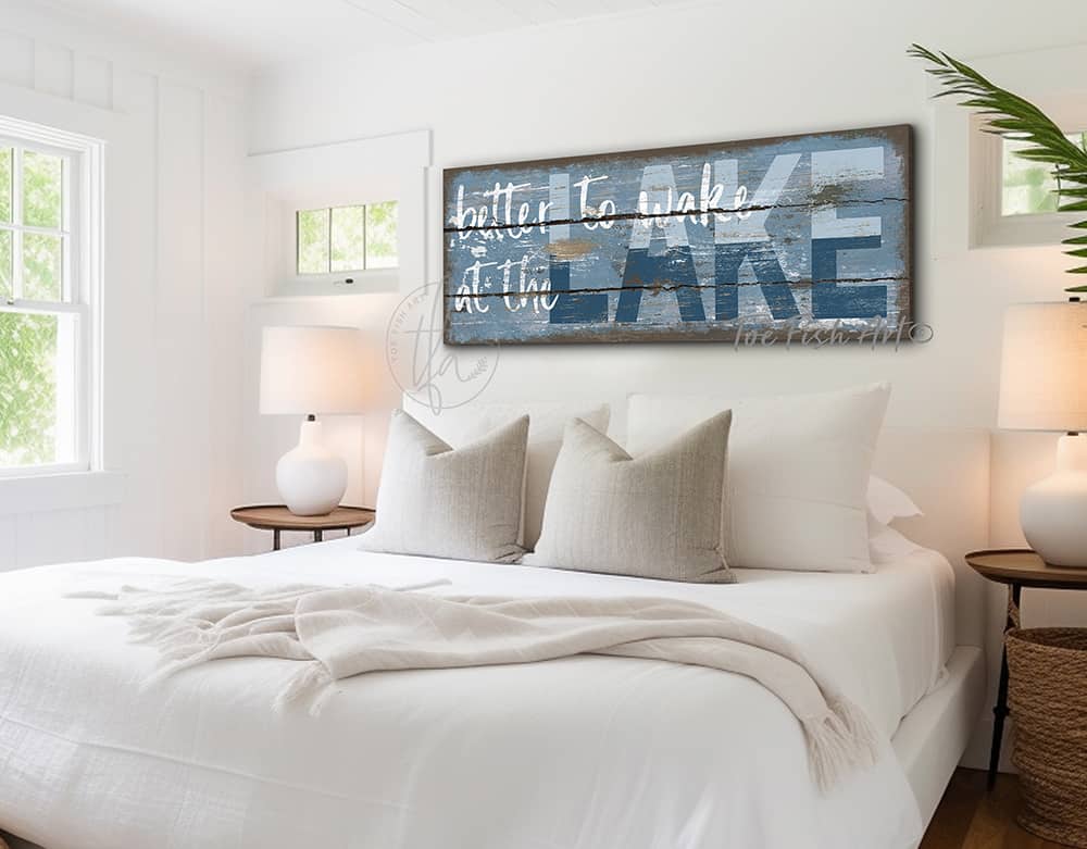 ToeFishArt Better to Wake at the Lake rustic coastal farmhouse sign, in beautiful vintage blues, handmade by ToeFishArt. Original, custom, personalized wall decor signs. Canvas, Wood or Metal. Rustic modern farmhouse, cottagecore, vintage, retro, industrial, Americana, primitive, country, coastal, minimalist.