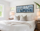 ToeFishArt Better to Wake at the Lake rustic coastal farmhouse sign, in beautiful vintage blues, handmade by ToeFishArt. Original, custom, personalized wall decor signs. Canvas, Wood or Metal. Rustic modern farmhouse, cottagecore, vintage, retro, industrial, Americana, primitive, country, coastal, minimalist.