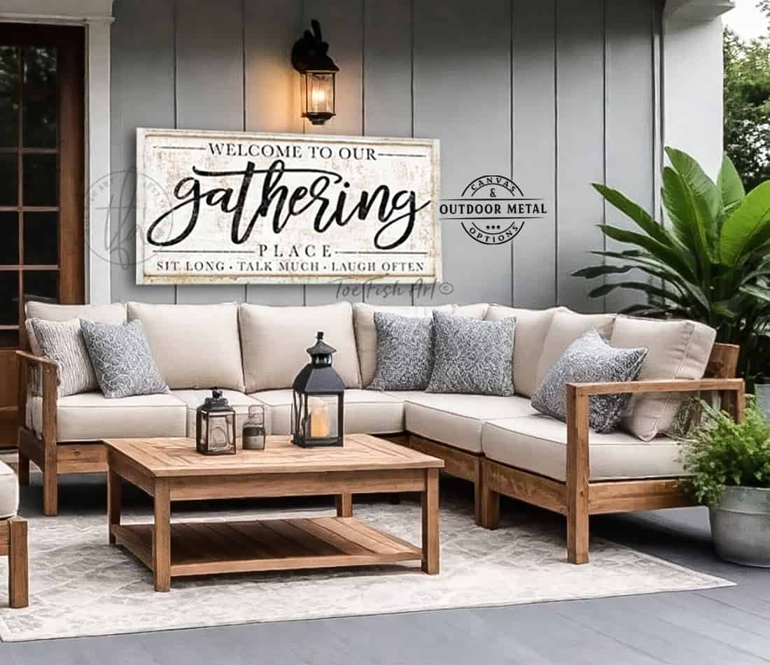 Gathering Place Sign handmade by ToeFishArt. Personalize-able Canvas or Outdoor Exterior Commercial-Grade Metal Sign handmade in the USA and built to last a lifetime by ToeFishArt. Add your family name to this beautiful artwork for unique eye-catching curb appeal. Original, custom, personalized wall decor signs. Canvas, Wood or Metal. Rustic modern farmhouse, cottagecore, vintage, retro, industrial, Americana, primitive, country, coastal, minimalist.