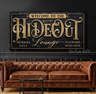 Hideout Lounge Sign handmade by ToeFishArt. Original, custom, personalized wall decor signs. Canvas, Wood or Metal. Rustic modern farmhouse, cottagecore, vintage, retro, industrial, Americana, primitive, country, coastal, minimalist.