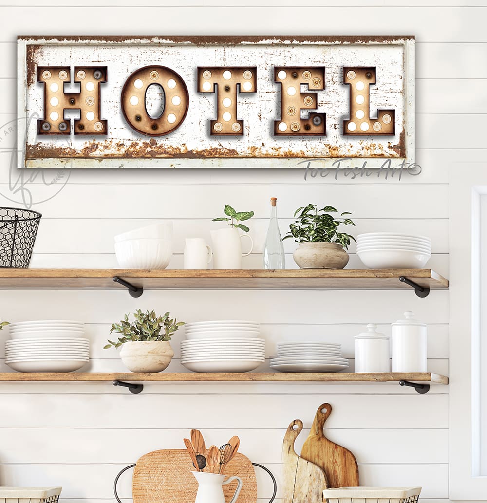 Hotel or Motel "Marquee"-style Sign handmade by ToeFishArt. Original, custom, personalized wall decor signs. Canvas, Wood or Metal. Rustic modern farmhouse, cottagecore, vintage, retro, industrial, Americana, primitive, country, coastal, minimalist.