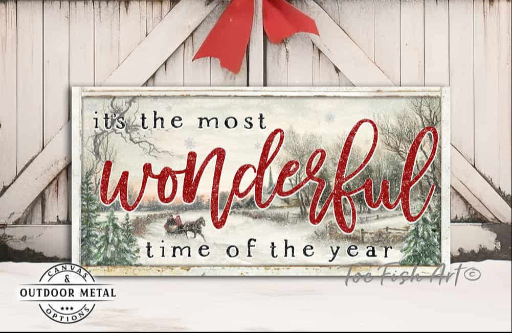 Most Wonderful Time of the Year Canvas or Outdoor Metal Sleigh Ride Scene (color options)