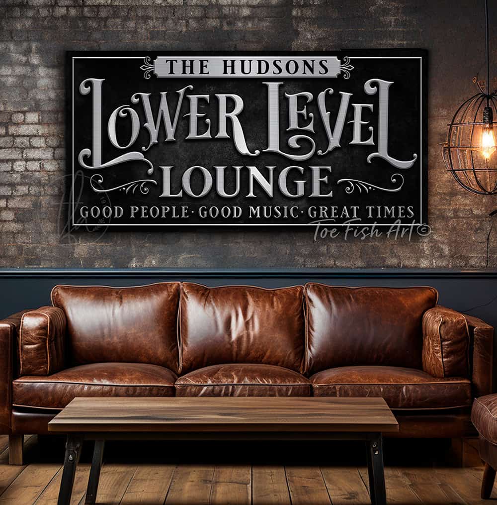 Toe Fish Art Personalized Custom Lower Level Lounge Sign Family Name Canvas and Metal options handmade by ToeFishArt. Original, custom, personalized wall decor signs. Canvas, Wood or Metal. Rustic modern farmhouse, cottagecore, vintage, retro, industrial, Americana, primitive, country, coastal, minimalist.