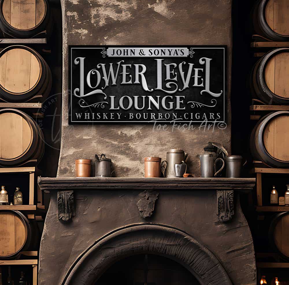 Toe Fish Art Personalized Custom Lower Level Lounge Sign Family Name Canvas and Metal options handmade by ToeFishArt. Original, custom, personalized wall decor signs. Canvas, Wood or Metal. Rustic modern farmhouse, cottagecore, vintage, retro, industrial, Americana, primitive, country, coastal, minimalist.