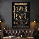 Lower Level Lounge Personalize-able Canvas or Metal Rustic-Industrial Sign, Custom Wording Options, vertical wall hanging canvas or outdoor exterior metal great for basement and outdoor living spaces wall decor handmade in the USA by the Toe Fish Art family artists. Original, custom, personalized wall decor signs. Canvas, Wood or Metal. Rustic modern farmhouse, cottagecore, vintage, retro, industrial, Americana, primitive, country, coastal, minimalist.
