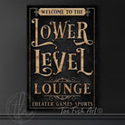 Lower Level Lounge Personalize-able Canvas or Metal Rustic-Industrial Sign, Custom Wording Options, vertical wall hanging canvas or outdoor exterior metal great for basement and outdoor living spaces wall decor handmade in the USA by the Toe Fish Art family artists. Original, custom, personalized wall decor signs. Canvas, Wood or Metal. Rustic modern farmhouse, cottagecore, vintage, retro, industrial, Americana, primitive, country, coastal, minimalist.