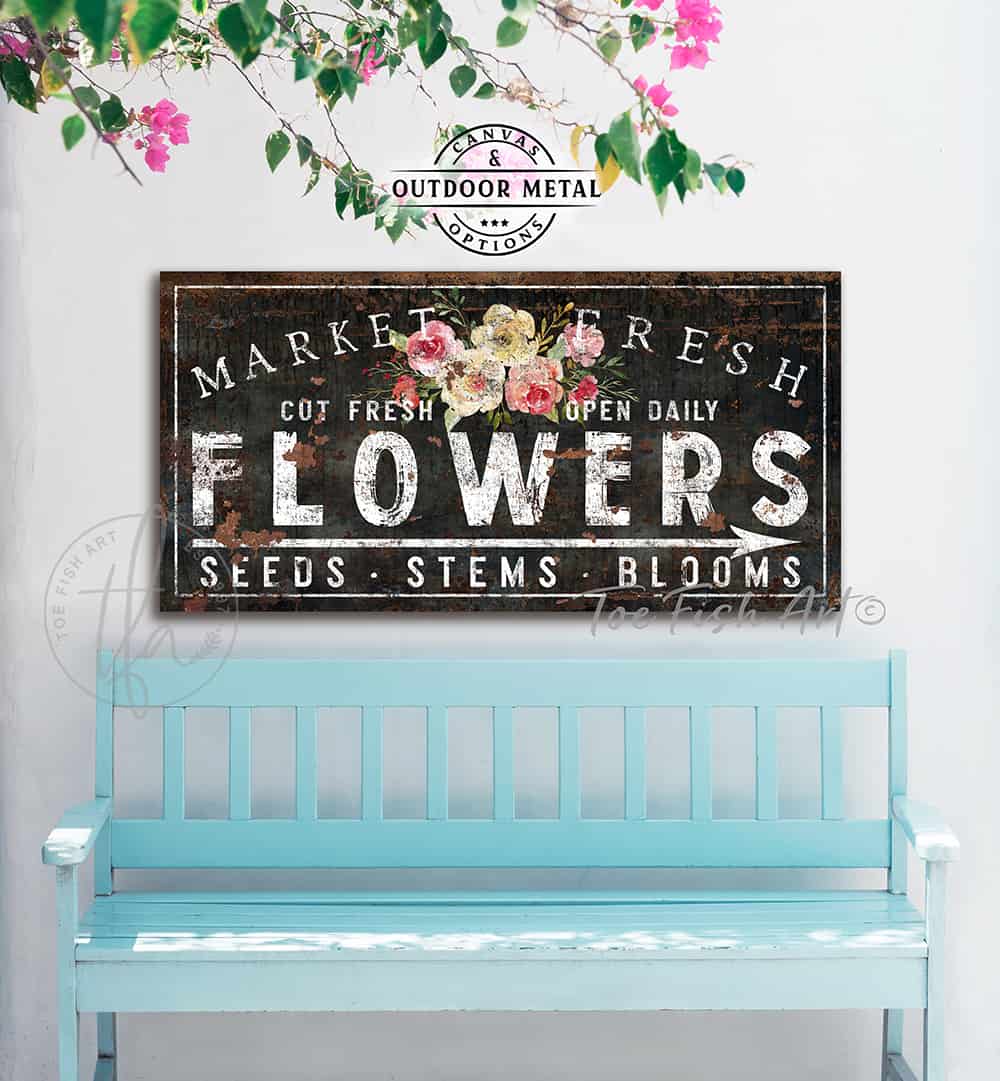 Market Fresh Flowers Personalize-able Canvas or Outdoor Exterior Commercial-Grade Metal Sign handmade in the USA and built to last a lifetime by ToeFishArt. Add your family name to this beautiful vibrant colorful roses bouquet artwork for unique eye-catching curb appeal. Original, custom, personalized wall decor signs. Canvas, Wood or Metal. Rustic modern farmhouse, cottagecore, vintage, retro, industrial, Americana, primitive, country, coastal, minimalist.