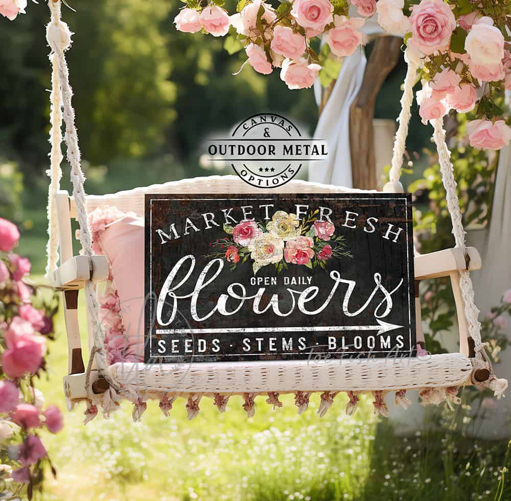 Market Fresh Flowers Personalize-able Canvas or Outdoor Exterior Commercial-Grade Metal Sign handmade in the USA and built to last a lifetime by ToeFishArt. Add your family name to this beautiful vibrant colorful roses bouquet artwork for unique eye-catching curb appeal. Original, custom, personalized wall decor signs. Canvas, Wood or Metal. Rustic modern farmhouse, cottagecore, vintage, retro, industrial, Americana, primitive, country, coastal, minimalist.