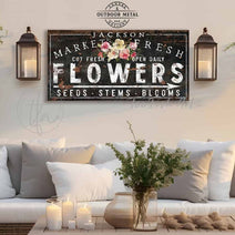 Market Fresh Flowers Personalize-able Canvas or Outdoor Exterior Commercial-Grade Metal Sign handmade in the USA and built to last a lifetime by ToeFishArt. Add your family name to this beautiful vibrant colorful roses bouquet artwork for unique eye-catching curb appeal. Original, custom, personalized wall decor signs. Canvas, Wood or Metal. Rustic modern farmhouse, cottagecore, vintage, retro, industrial, Americana, primitive, country, coastal, minimalist.