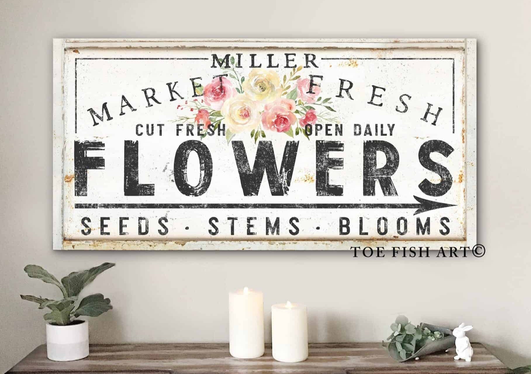 Market Fresh Flowers Metal or Canvas Personalize-able Sign with Color Options