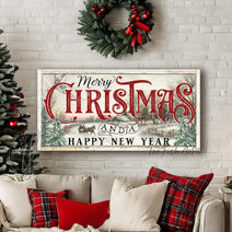 Merry Christmas Happy New Year Canvas or Metal Winter Sleigh Ride Scene (color options)
