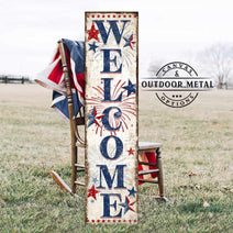 Patriotic Welcome 4th of July Canvas or Outdoor Metal Entryway Sign with Color Options