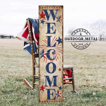 Patriotic Welcome 4th of July Canvas or Outdoor Metal Entryway Sign with Color Options