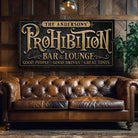 Prohibition Bar & Lounge Personalized Sign handmade by ToeFishArt. Original, custom, personalized wall decor signs. Canvas, Wood or Metal. Rustic modern farmhouse, cottagecore, vintage, retro, industrial, Americana, primitive, country, coastal, minimalist.