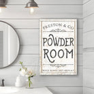 Powder Room sign in choice of colors handmade by ToeFishArt. Personalize-able Canvas Sign handmade in the USA and built to last a lifetime by ToeFishArt. Add your family name & company to this vintage artwork for a unique, whimsical touch to your personal relaxation spa space. Original, custom, personalized wall decor signs. Canvas, Wood or Metal. Rustic modern farmhouse, cottagecore, vintage, retro, industrial, Americana, primitive, country, coastal, minimalist.