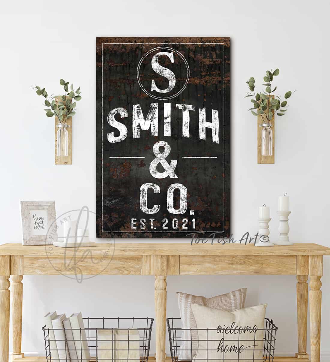 Rustic Vertical Family Name & Co. Sign with Initial and Established Date Personalized Canvas or Metal Rustic-Industrial Sign, Custom Options, wall hanging canvas or outdoor exterior metal great for outdoor living spaces wall decor handmade in the USA by the Toe Fish Art family artists. Original, custom, personalized wall decor signs. Canvas, Wood or Metal. Rustic modern farmhouse, cottagecore, vintage, retro, industrial, Americana, primitive, country, coastal, minimalist.