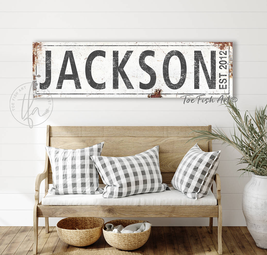 Toe Fish Art Personalized Rustic White Family Name and Established Date Canvas or Metal home wall decor sign USA handmade by ToeFishArt. Original, custom, personalized wall decor signs. Canvas, Wood or Metal. Rustic modern farmhouse, cottagecore, vintage, retro, industrial, Americana, primitive, country, coastal, minimalist.