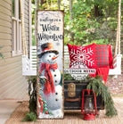 ToeFishArt Winter Wonderland Snowman Porch Greeter Canvas or Outdoor Metal Seasonal Decor Vertical Sign Porch Leaner Front Door Entryway Welcome Thanksgiving Christmas Holidays Winter Seasonal Curb Appeal Outdoor Decoration handmade by ToeFishArt. Original, custom, personalized wall decor signs. Canvas, Wood or Metal. Rustic modern farmhouse, cottagecore, vintage, retro, industrial, Americana, primitive, country, coastal, minimalist.