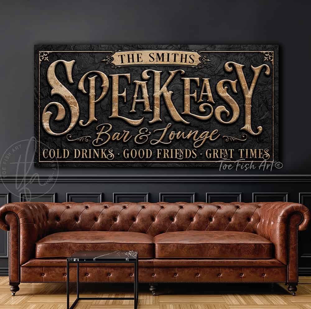 Speakeasy Bar & Lounge Canvas or Metal Personalize-able wall decor sign handmade by ToeFishArt. Original, custom, personalized wall decor signs. Canvas, Wood or Metal. Rustic modern farmhouse, cottagecore, vintage, retro, industrial, Americana, primitive, country, coastal, minimalist.