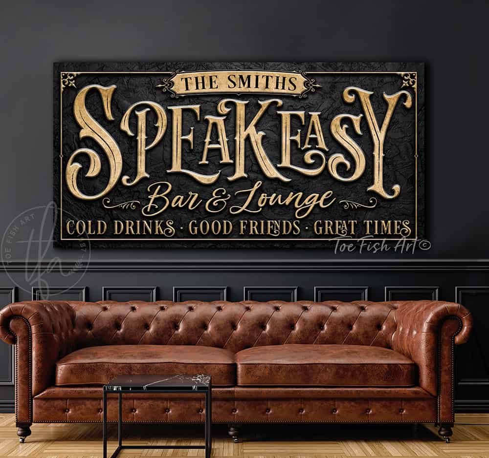 Speakeasy Bar & Lounge Canvas or Metal Personalize-able wall decor sign handmade by ToeFishArt. Original, custom, personalized wall decor signs. Canvas, Wood or Metal. Rustic modern farmhouse, cottagecore, vintage, retro, industrial, Americana, primitive, country, coastal, minimalist.