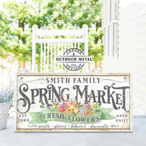 Spring Market Fresh Flowers Personalize-able Canvas or Outdoor Exterior Commercial-Grade Metal Sign handmade in the USA and built to last a lifetime by ToeFishArt. Add your family name to this beautiful vibrant colorful roses bouquet artwork for unique eye-catching curb appeal. Original, custom, personalized wall decor signs. Canvas, Wood or Metal. Rustic modern farmhouse, cottagecore, vintage, retro, industrial, Americana, primitive, country, coastal, minimalist.