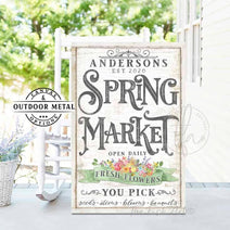 Spring Market Fresh Flowers Personalize-able Canvas or Outdoor Exterior Commercial-Grade Vertical Metal Sign handmade in the USA and built to last a lifetime by ToeFishArt. Add your family name to this beautiful vibrant colorful roses bouquet artwork for unique eye-catching curb appeal. Original, custom, personalized wall decor signs. Canvas, Wood or Metal. Rustic modern farmhouse, cottagecore, vintage, retro, industrial, Americana, primitive, country, coastal, minimalist.