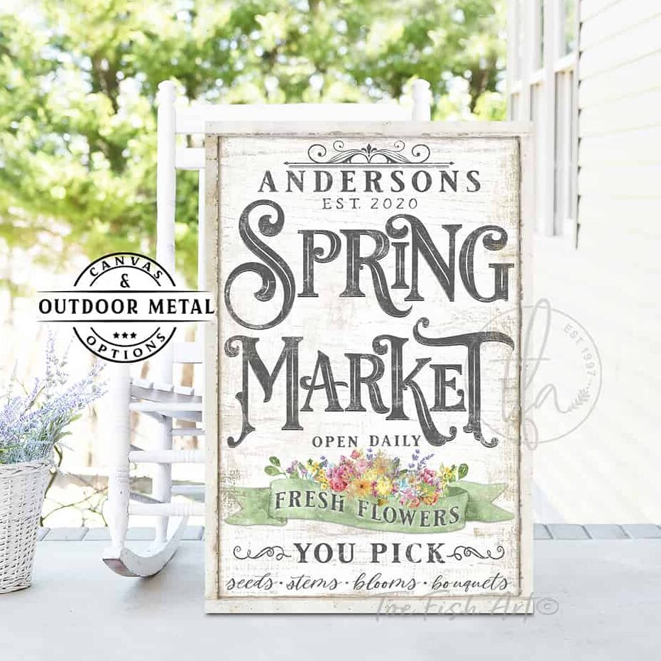 Spring Market Fresh Flowers Personalize-able Canvas or Outdoor Exterior Commercial-Grade Vertical Metal Sign handmade in the USA and built to last a lifetime by ToeFishArt. Add your family name to this beautiful vibrant colorful roses bouquet artwork for unique eye-catching curb appeal. Original, custom, personalized wall decor signs. Canvas, Wood or Metal. Rustic modern farmhouse, cottagecore, vintage, retro, industrial, Americana, primitive, country, coastal, minimalist.