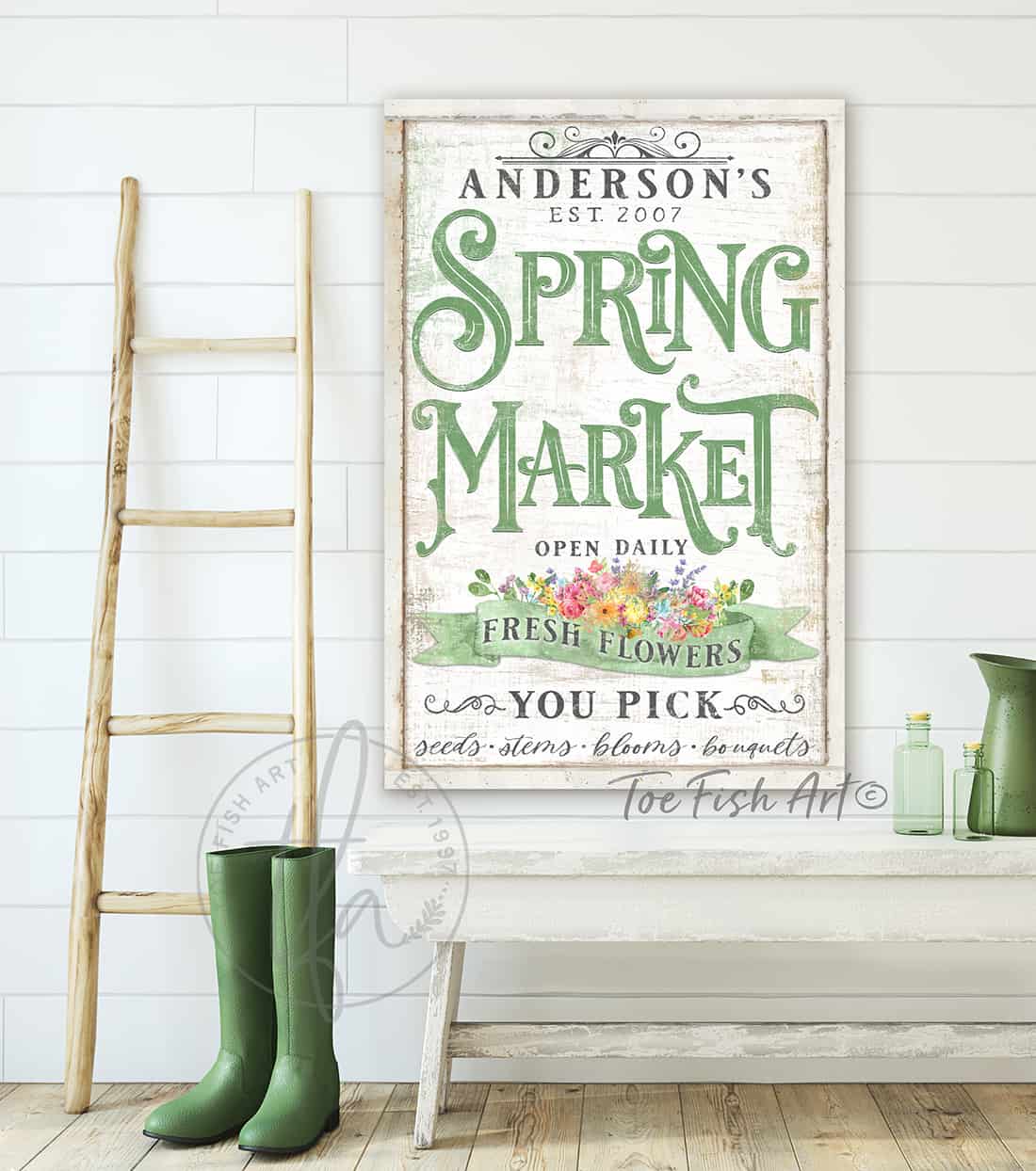 Spring Market Fresh Flowers Personalize-able Canvas or Outdoor Exterior Commercial-Grade Vertical Metal Sign handmade in the USA and built to last a lifetime by ToeFishArt. Add your family name to this beautiful vibrant colorful roses bouquet artwork for unique eye-catching curb appeal. Original, custom, personalized wall decor signs. Canvas, Wood or Metal. Rustic modern farmhouse, cottagecore, vintage, retro, industrial, Americana, primitive, country, coastal, minimalist.