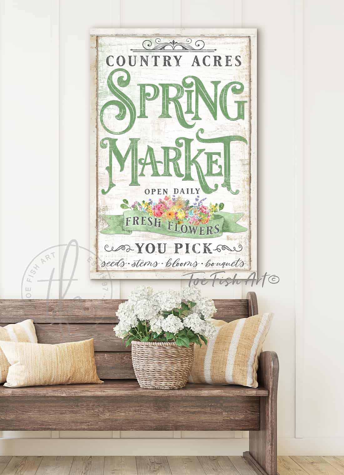 Spring Market Fresh Flowers Personalize-able Canvas or Outdoor Exterior Commercial-Grade Vertical Metal Sign handmade in the USA and built to last a lifetime by ToeFishArt. Add your family name to this beautiful vibrant colorful roses bouquet artwork for unique eye-catching curb appeal. Original, custom, personalized wall decor signs. Canvas, Wood or Metal. Rustic modern farmhouse, cottagecore, vintage, retro, industrial, Americana, primitive, country, coastal, minimalist.