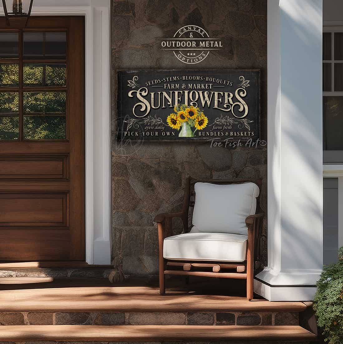 Sunflowers Personalize-able Canvas or Outdoor Exterior Commercial-Grade Metal Sign handmade in the USA and built to last a lifetime by ToeFishArt. Add your family name to this beautiful vibrant colorful sunflowers bouquet artwork for unique eye-catching curb appeal. Original, custom, personalized wall decor signs. Canvas, Wood or Metal. Rustic modern farmhouse, cottagecore, vintage, retro, industrial, Americana, primitive, country, coastal, minimalist.