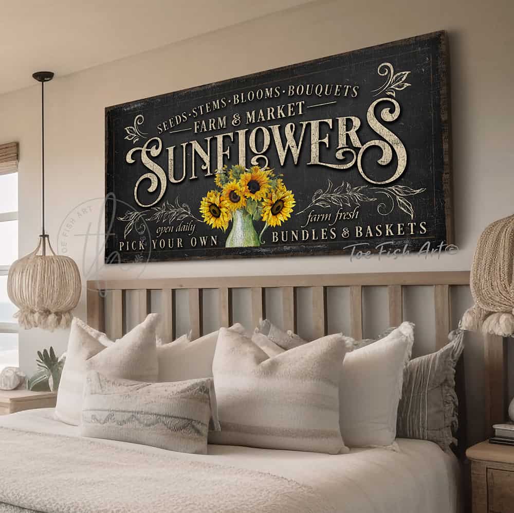 Sunflowers Personalize-able Canvas or Outdoor Exterior Commercial-Grade Metal Sign handmade in the USA and built to last a lifetime by ToeFishArt. Add your family name to this beautiful vibrant colorful sunflowers bouquet artwork for unique eye-catching curb appeal. Original, custom, personalized wall decor signs. Canvas, Wood or Metal. Rustic modern farmhouse, cottagecore, vintage, retro, industrial, Americana, primitive, country, coastal, minimalist.