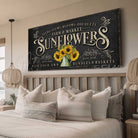 Sunflowers Personalize-able Canvas or Outdoor Exterior Commercial-Grade Metal Sign handmade in the USA and built to last a lifetime by ToeFishArt. Add your family name to this beautiful vibrant colorful sunflowers bouquet artwork for unique eye-catching curb appeal. Original, custom, personalized wall decor signs. Canvas, Wood or Metal. Rustic modern farmhouse, cottagecore, vintage, retro, industrial, Americana, primitive, country, coastal, minimalist.