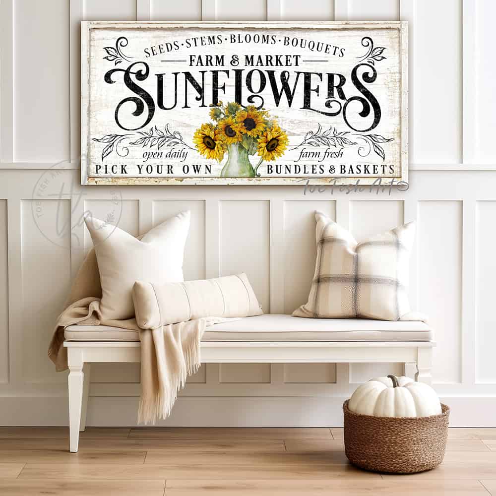 Sunflowers Personalize-able Canvas or Outdoor Exterior Commercial-Grade Metal Sign handmade in the USA and built to last a lifetime by ToeFishArt. Add your family name to this beautiful vibrant colorful sunflowers bouquet artwork for unique eye-catching curb appeal. Original, custom, personalized wall decor signs. Canvas, Wood or Metal. Rustic modern farmhouse, cottagecore, vintage, retro, industrial, Americana, primitive, country, coastal, minimalist.