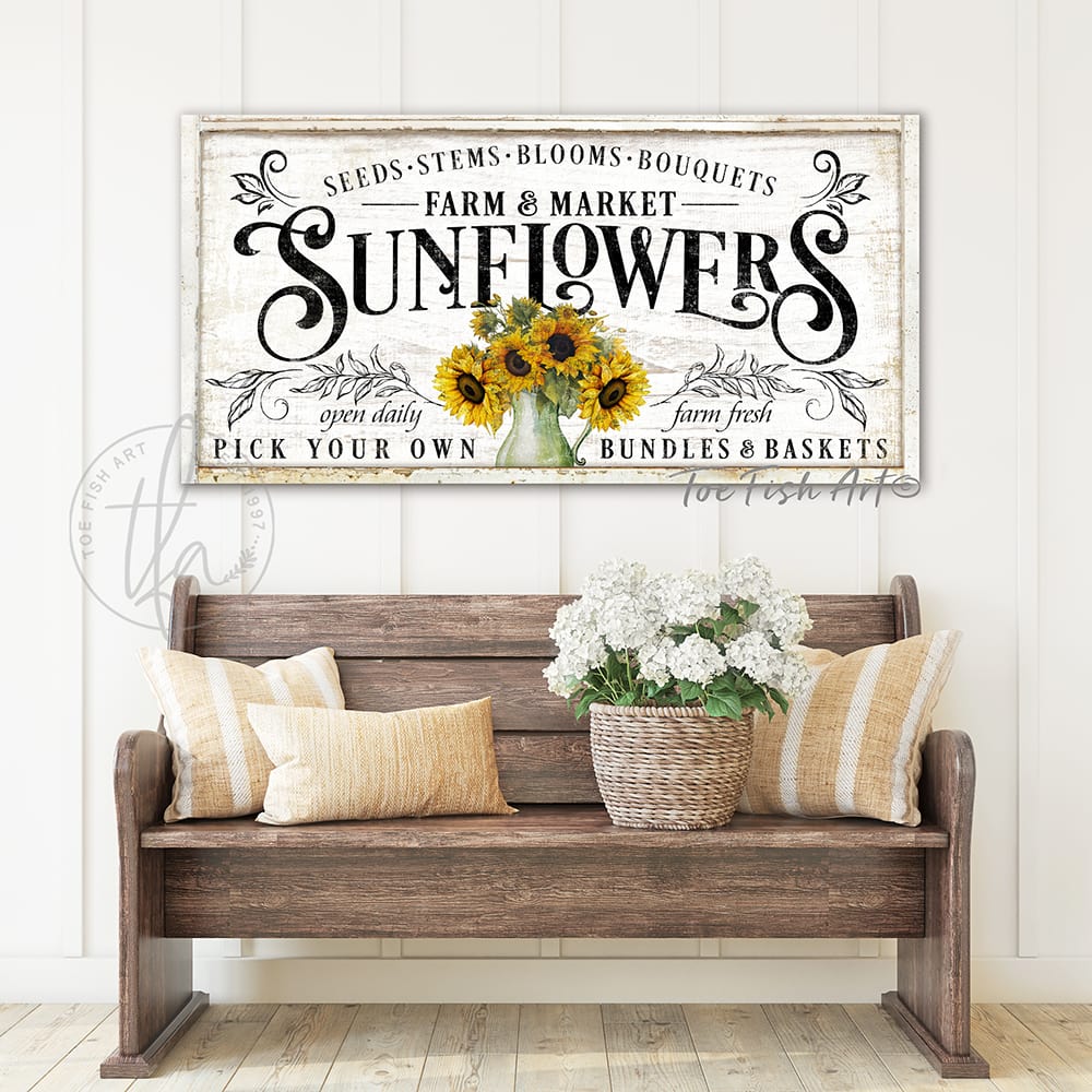 Sunflowers Personalize-able Canvas or Outdoor Exterior Commercial-Grade Metal Sign handmade in the USA and built to last a lifetime by ToeFishArt. Add your family name to this beautiful vibrant colorful sunflowers bouquet artwork for unique eye-catching curb appeal. Original, custom, personalized wall decor signs. Canvas, Wood or Metal. Rustic modern farmhouse, cottagecore, vintage, retro, industrial, Americana, primitive, country, coastal, minimalist.