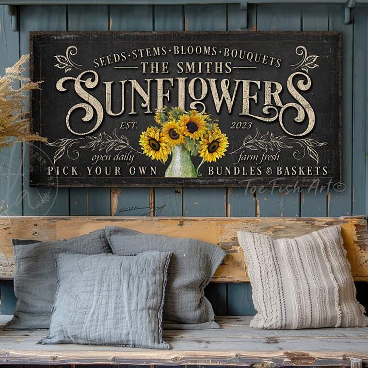 Sunflowers Personalize-able Canvas or Outdoor Exterior Commercial-Grade Metal Sign handmade in the USA and built to last a lifetime by ToeFishArt. Add your family name to this beautiful vibrant colorful sunflowers bouquet artwork for unique eye-catching curb appeal. Original, custom, personalized wall decor signs. Canvas, Wood or Metal. Rustic modern farmhouse, cottagecore, vintage, retro, industrial, Americana, primitive, country, coastal, minimalist.