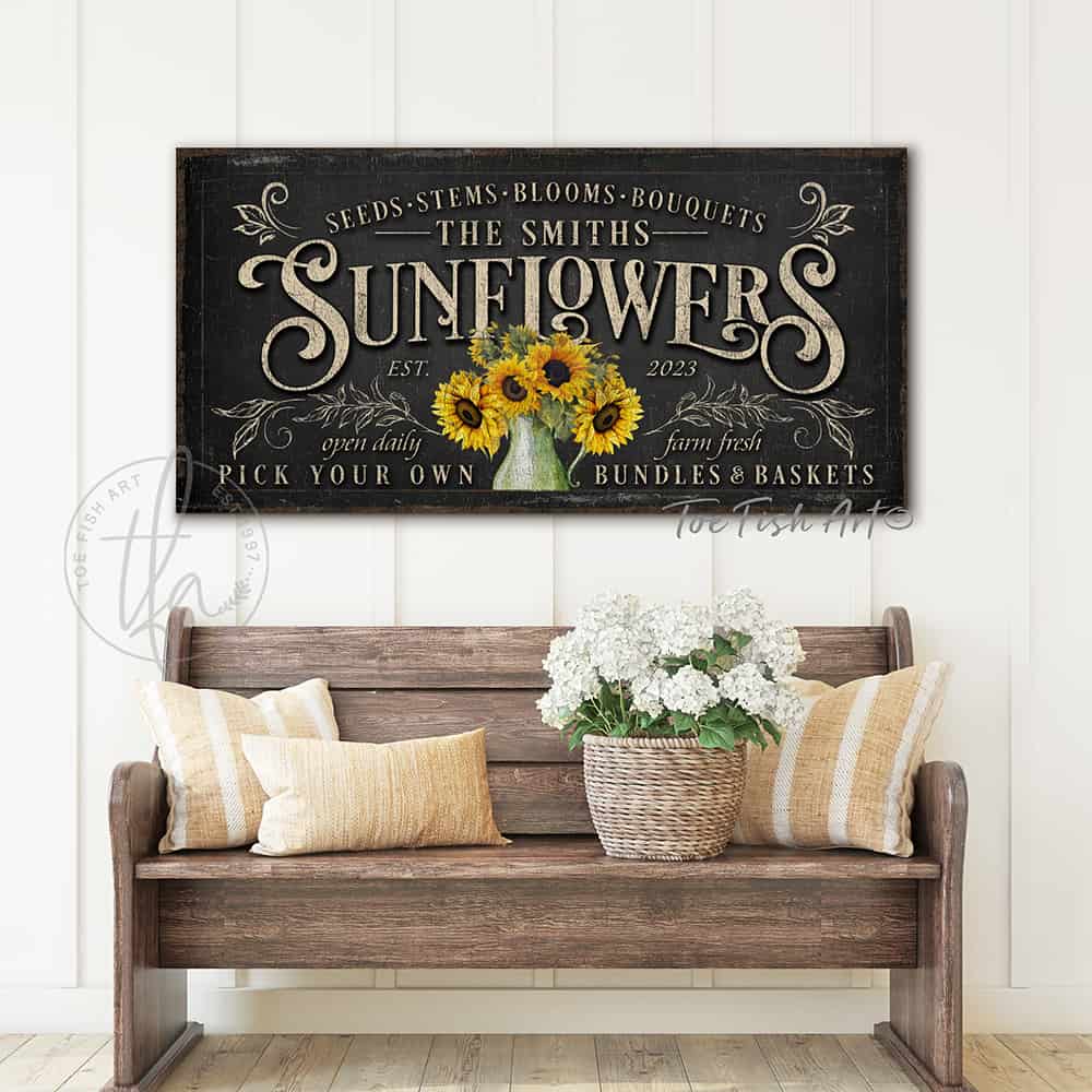 Sunflowers Personalize-able Canvas or Outdoor Exterior Commercial-Grade Metal Sign handmade in the USA and built to last a lifetime by ToeFishArt. Add your family name to this beautiful vibrant colorful sunflowers bouquet artwork for unique eye-catching curb appeal. Original, custom, personalized wall decor signs. Canvas, Wood or Metal. Rustic modern farmhouse, cottagecore, vintage, retro, industrial, Americana, primitive, country, coastal, minimalist.