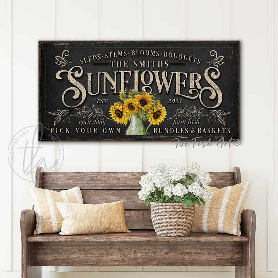 Sunflowers Personalize-able Canvas or Outdoor Exterior Commercial-Grade Metal Sign handmade in the USA and built to last a lifetime by ToeFishArt. Add your family name to this beautiful vibrant colorful sunflowers bouquet artwork for unique eye-catching curb appeal. Original, custom, personalized wall decor signs. Canvas, Wood or Metal. Rustic modern farmhouse, cottagecore, vintage, retro, industrial, Americana, primitive, country, coastal, minimalist.