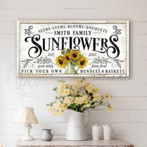 Sunflowers Personalize-able Canvas or Outdoor Exterior Commercial-Grade Metal Sign handmade in the USA and built to last a lifetime by ToeFishArt. Add your family name to this beautiful vibrant colorful sunflowers bouquet artwork for unique eye-catching curb appeal. Original, custom, personalized wall decor signs. Canvas, Wood or Metal. Rustic modern farmhouse, cottagecore, vintage, retro, industrial, Americana, primitive, country, coastal, minimalist.