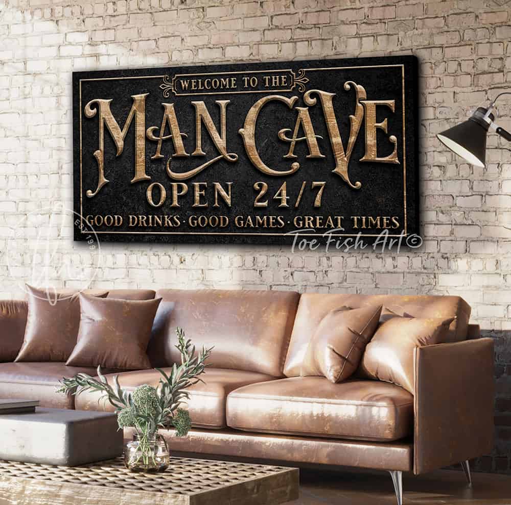 Man Cave Personalize-able Canvas or Metal Rustic-Industrial Sign, Custom Options, wall hanging canvas or outdoor exterior metal great for outdoor living spaces wall decor handmade in the USA by the Toe Fish Art family artists. Original, custom, personalized wall decor signs. Canvas, Wood or Metal. Rustic modern farmhouse, cottagecore, vintage, retro, industrial, Americana, primitive, country, coastal, minimalist.