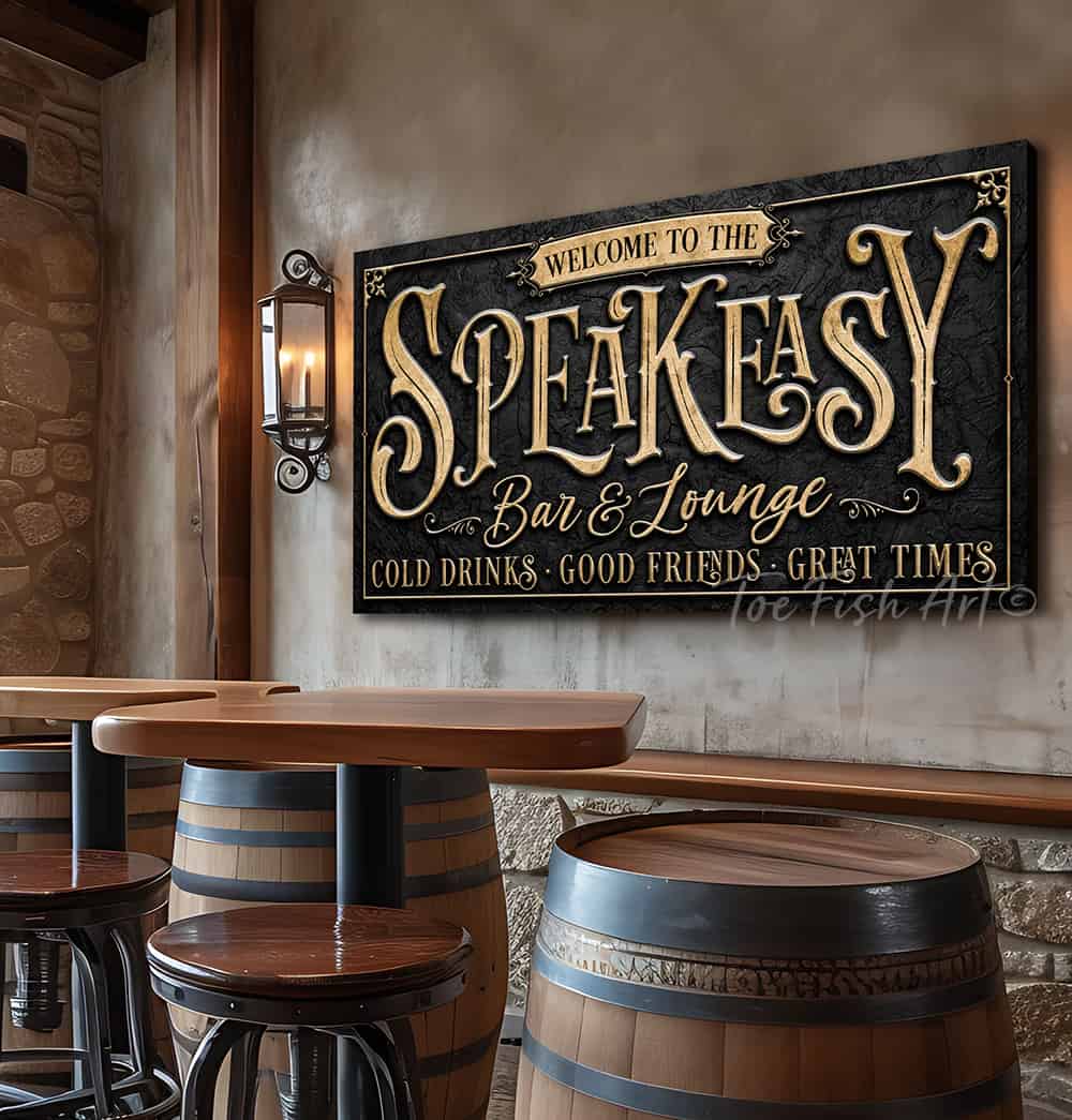Speakeasy Bar & Lounge Canvas or Metal Personalize-able wall decor sign handmade by ToeFishArt. Original, custom, personalized wall decor signs. Canvas, Wood or Metal. Rustic modern farmhouse, cottagecore, vintage, retro, industrial, Americana, primitive, country, coastal, minimalist.