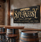 Speakeasy Bar & Lounge Canvas or Metal Personalize-able wall decor sign handmade by ToeFishArt. Original, custom, personalized wall decor signs. Canvas, Wood or Metal. Rustic modern farmhouse, cottagecore, vintage, retro, industrial, Americana, primitive, country, coastal, minimalist.