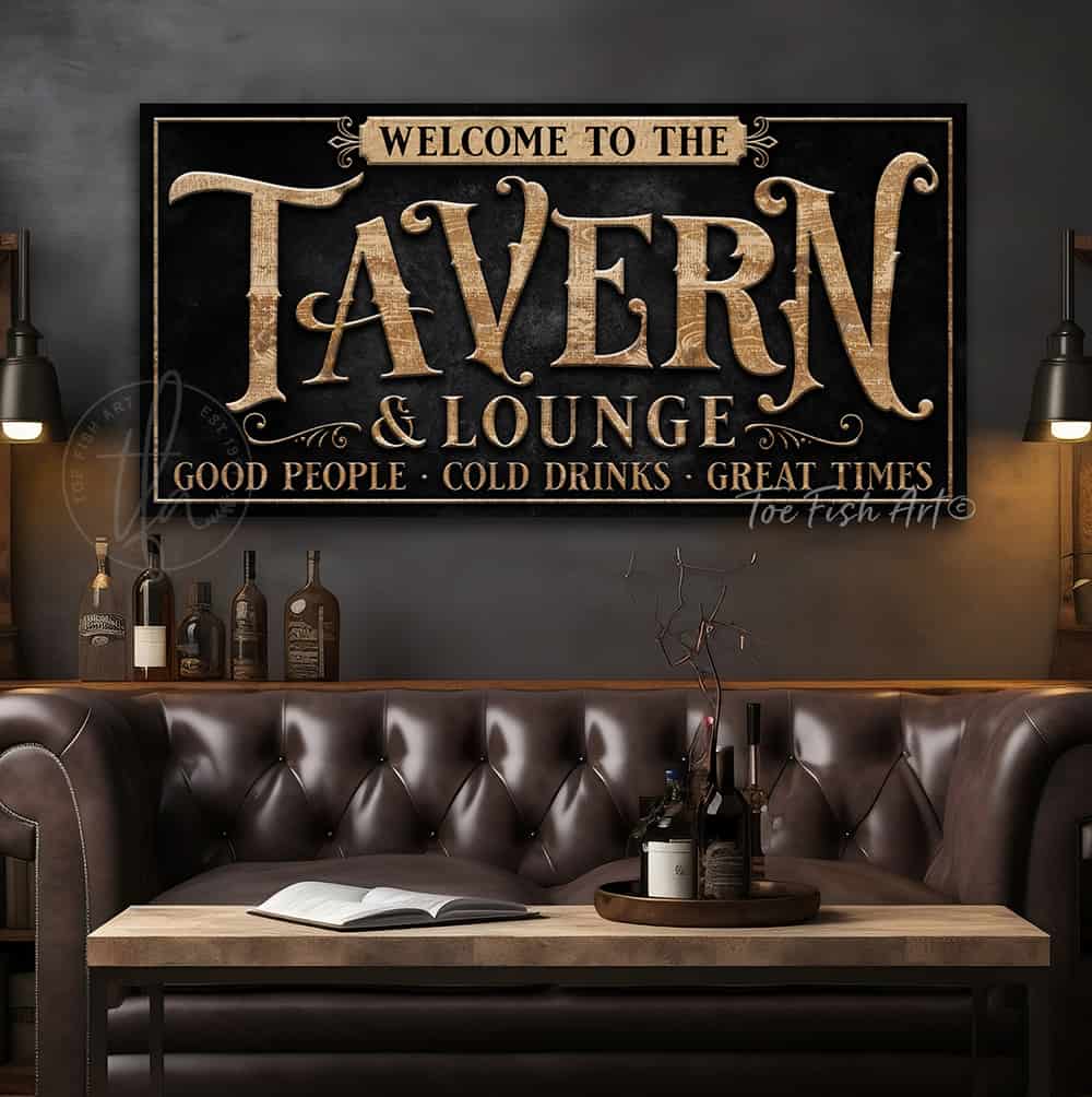 Toe Fish Art Tavern & Lounge Canvas or Metal Personalize-able Bar wall decor sign USA handmade by ToeFishArt. Original, custom, personalized wall decor signs. Canvas, Wood or Metal. Rustic modern farmhouse, cottagecore, vintage, retro, industrial, Americana, primitive, country, coastal, minimalist.