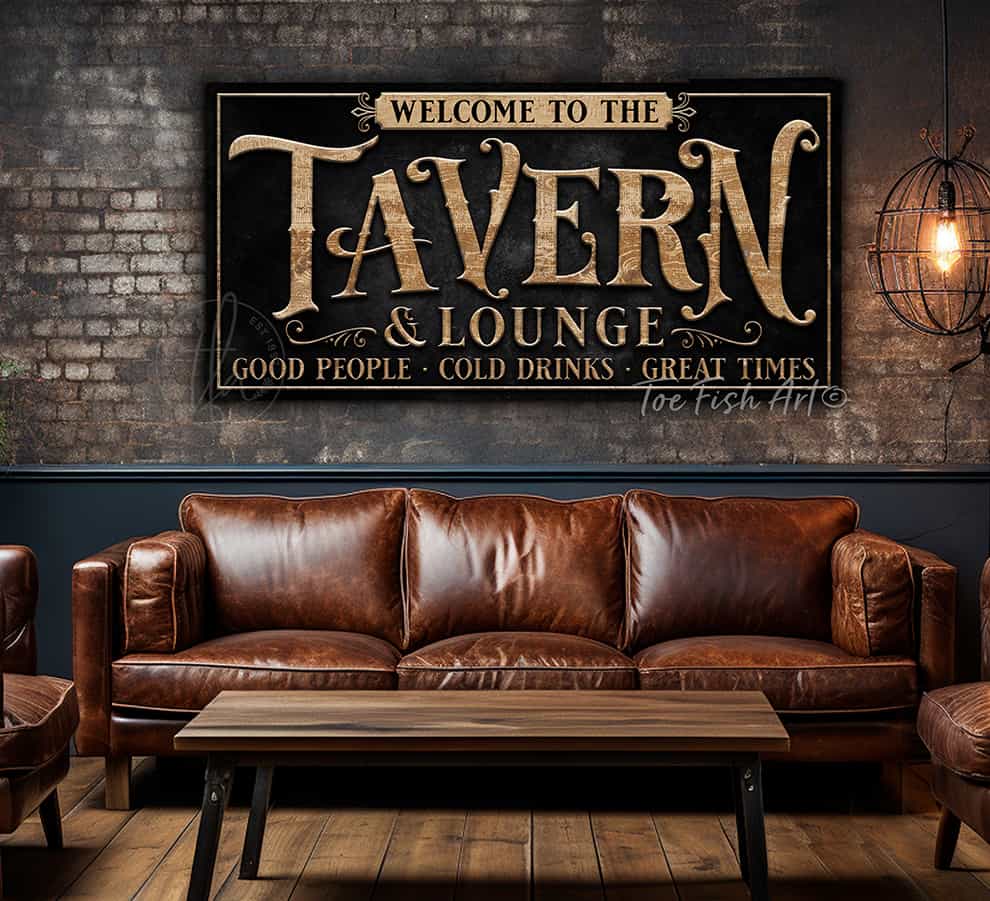 Toe Fish Art Tavern & Lounge Canvas or Metal Personalize-able Bar wall decor sign USA handmade by ToeFishArt. Original, custom, personalized wall decor signs. Canvas, Wood or Metal. Rustic modern farmhouse, cottagecore, vintage, retro, industrial, Americana, primitive, country, coastal, minimalist.