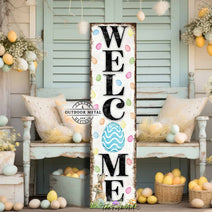 Toe Fish Art Welcome Easter Bunny Spring Easter Seasonal Decoration Porch Leaner Door Greeter Canvas or Outdoor Metal Vertical Entryway Sign Decor handcrafted in the USA for your Front Door Foyer Deck Holiday Outdoor Decoration Curb Appeal handmade by woman-owned USA small family American business ToeFishArt. Original, custom, personalized wall decor signs. Canvas, Wood or Metal. Rustic modern farmhouse, cottagecore, vintage, retro, industrial, Americana, primitive, country, coastal, minimalist.